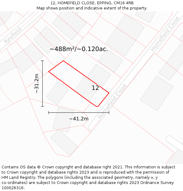 12, HOMEFIELD CLOSE, EPPING, CM16 4RB: Plot and title map