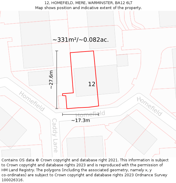12, HOMEFIELD, MERE, WARMINSTER, BA12 6LT: Plot and title map
