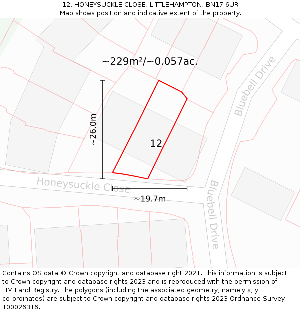 12, HONEYSUCKLE CLOSE, LITTLEHAMPTON, BN17 6UR: Plot and title map