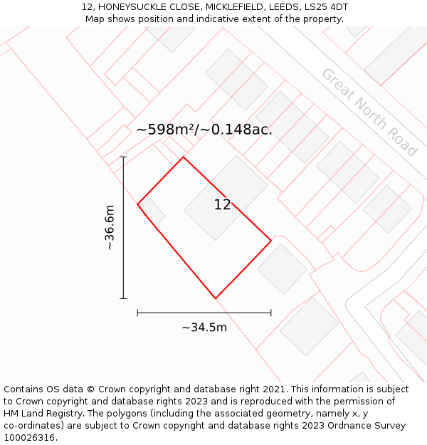 12, HONEYSUCKLE CLOSE, MICKLEFIELD, LEEDS, LS25 4DT: Plot and title map