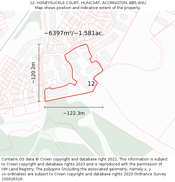 12, HONEYSUCKLE COURT, HUNCOAT, ACCRINGTON, BB5 6NU: Plot and title map