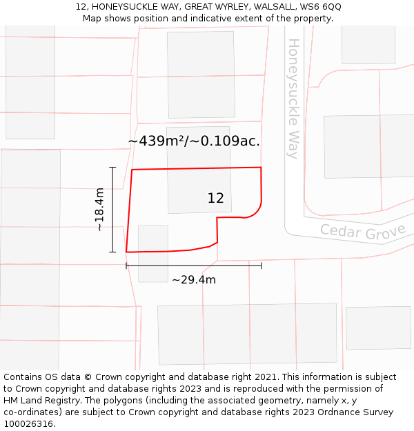 12, HONEYSUCKLE WAY, GREAT WYRLEY, WALSALL, WS6 6QQ: Plot and title map