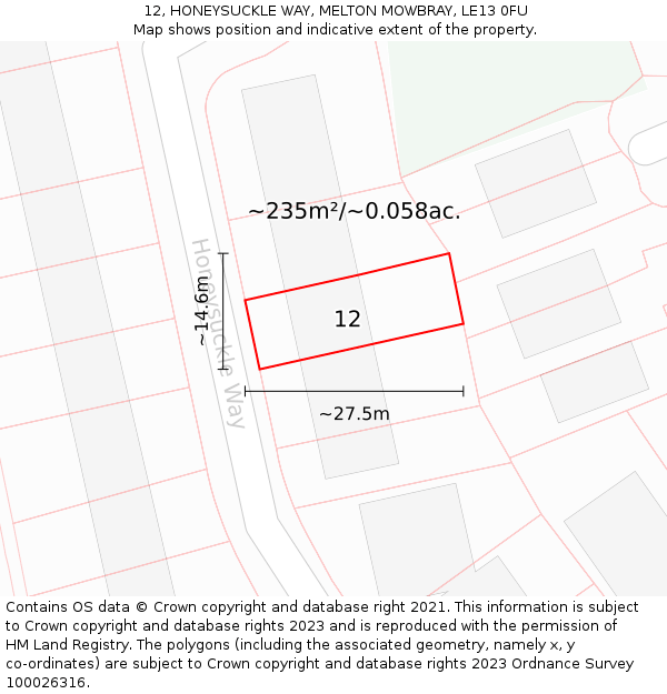 12, HONEYSUCKLE WAY, MELTON MOWBRAY, LE13 0FU: Plot and title map