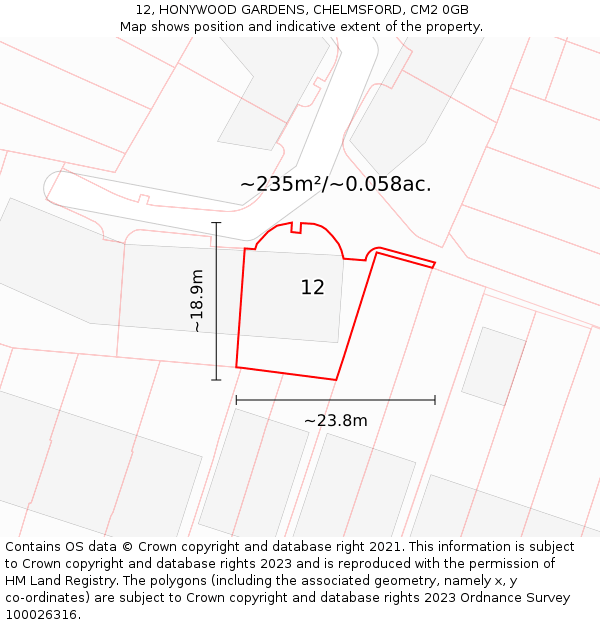 12, HONYWOOD GARDENS, CHELMSFORD, CM2 0GB: Plot and title map