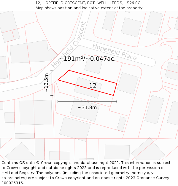 12, HOPEFIELD CRESCENT, ROTHWELL, LEEDS, LS26 0GH: Plot and title map