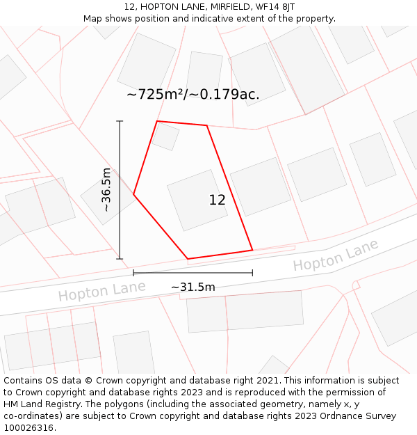 12, HOPTON LANE, MIRFIELD, WF14 8JT: Plot and title map