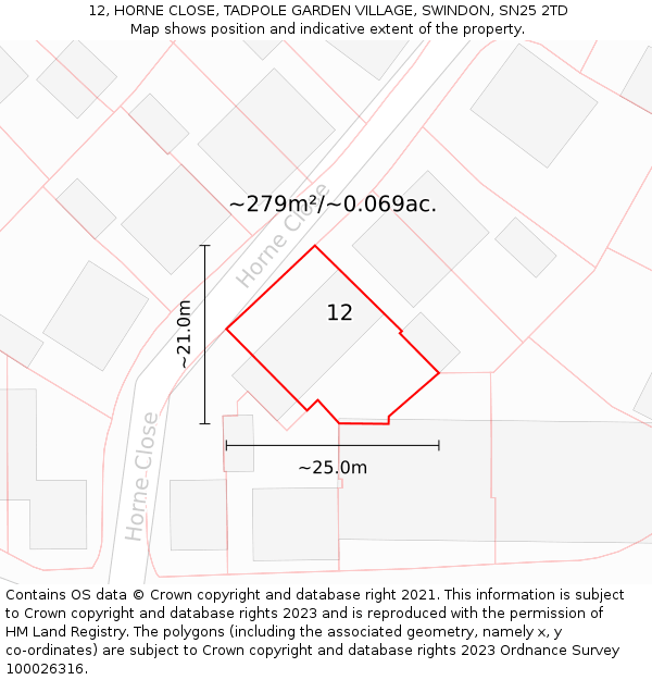 12, HORNE CLOSE, TADPOLE GARDEN VILLAGE, SWINDON, SN25 2TD: Plot and title map
