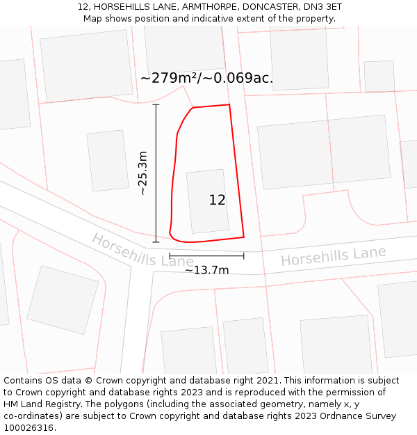 12, HORSEHILLS LANE, ARMTHORPE, DONCASTER, DN3 3ET: Plot and title map
