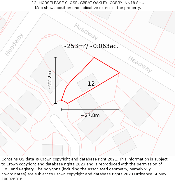 12, HORSELEASE CLOSE, GREAT OAKLEY, CORBY, NN18 8HU: Plot and title map