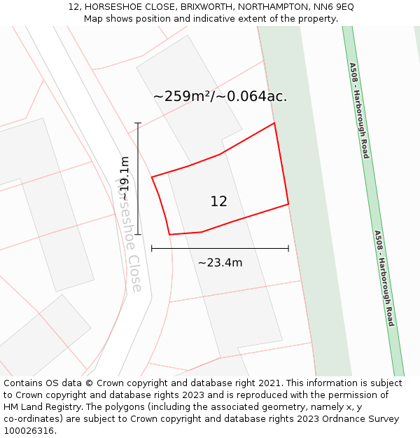 12, HORSESHOE CLOSE, BRIXWORTH, NORTHAMPTON, NN6 9EQ: Plot and title map
