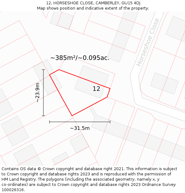 12, HORSESHOE CLOSE, CAMBERLEY, GU15 4DJ: Plot and title map