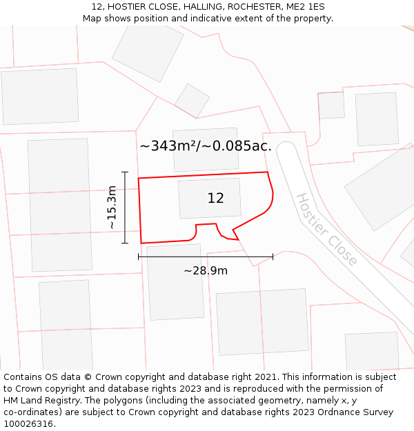 12, HOSTIER CLOSE, HALLING, ROCHESTER, ME2 1ES: Plot and title map