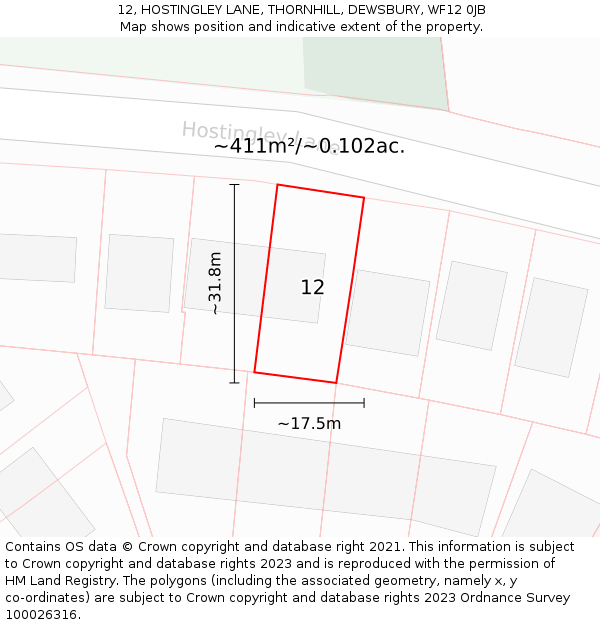 12, HOSTINGLEY LANE, THORNHILL, DEWSBURY, WF12 0JB: Plot and title map