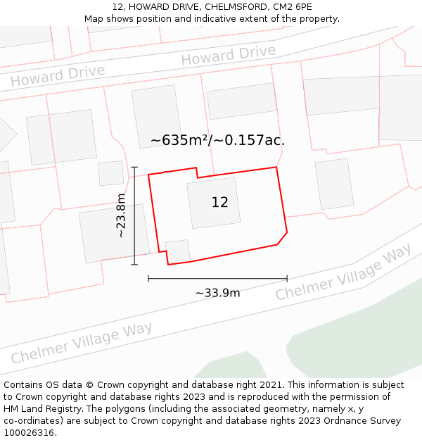 12, HOWARD DRIVE, CHELMSFORD, CM2 6PE: Plot and title map