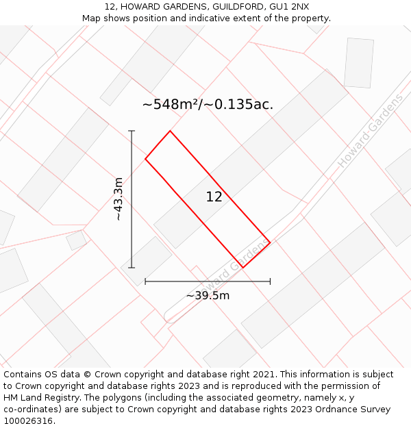 12, HOWARD GARDENS, GUILDFORD, GU1 2NX: Plot and title map
