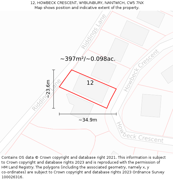 12, HOWBECK CRESCENT, WYBUNBURY, NANTWICH, CW5 7NX: Plot and title map