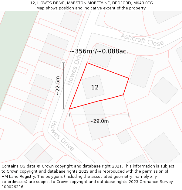 12, HOWES DRIVE, MARSTON MORETAINE, BEDFORD, MK43 0FG: Plot and title map