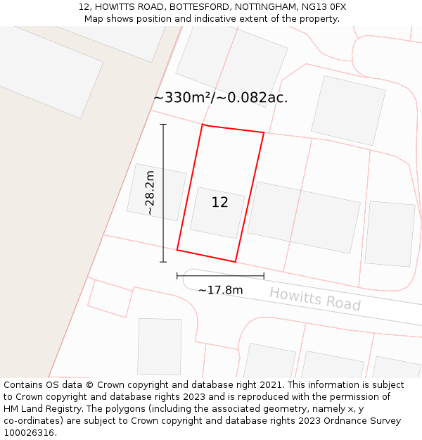 12, HOWITTS ROAD, BOTTESFORD, NOTTINGHAM, NG13 0FX: Plot and title map