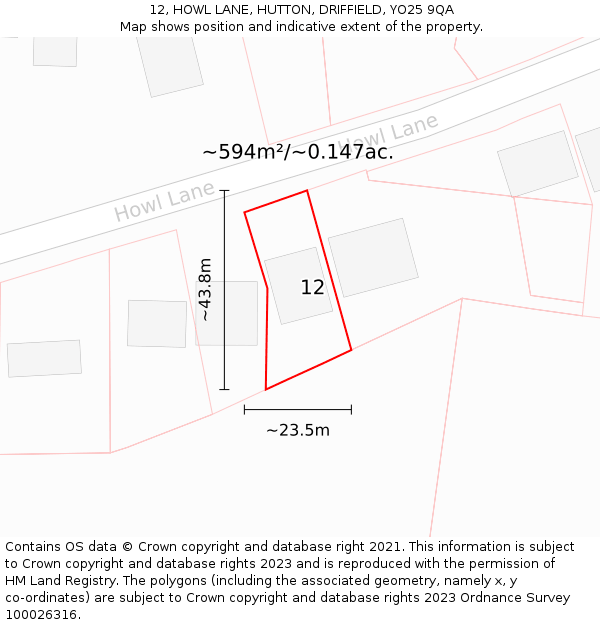 12, HOWL LANE, HUTTON, DRIFFIELD, YO25 9QA: Plot and title map