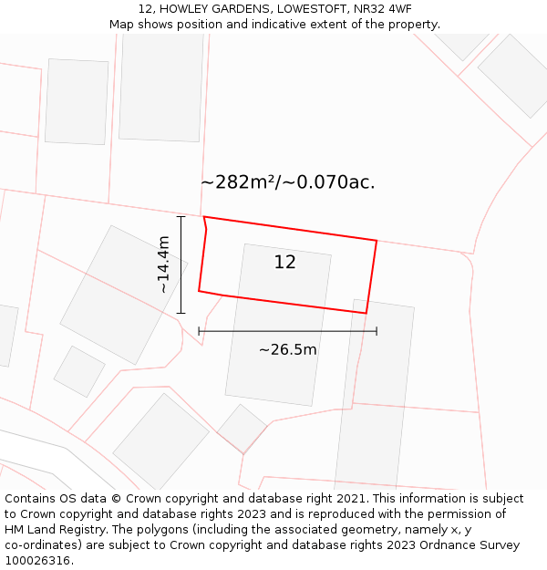 12, HOWLEY GARDENS, LOWESTOFT, NR32 4WF: Plot and title map
