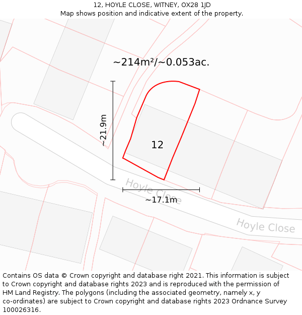 12, HOYLE CLOSE, WITNEY, OX28 1JD: Plot and title map