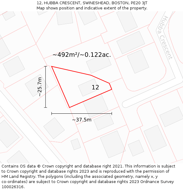 12, HUBBA CRESCENT, SWINESHEAD, BOSTON, PE20 3JT: Plot and title map