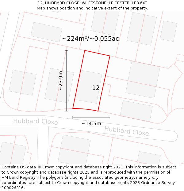 12, HUBBARD CLOSE, WHETSTONE, LEICESTER, LE8 6XT: Plot and title map