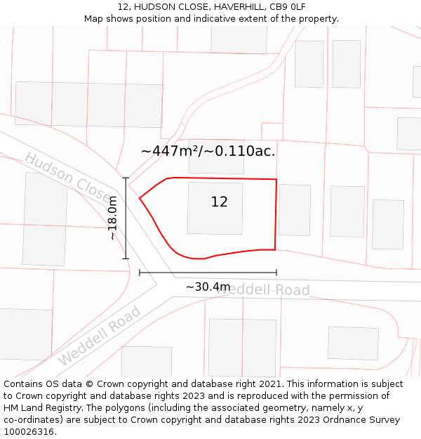 12, HUDSON CLOSE, HAVERHILL, CB9 0LF: Plot and title map