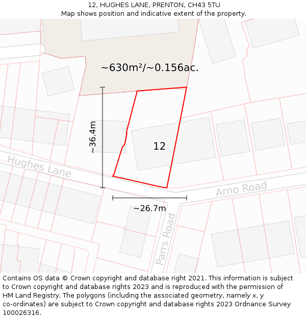 12, HUGHES LANE, PRENTON, CH43 5TU: Plot and title map