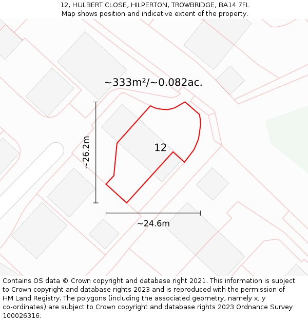 12, HULBERT CLOSE, HILPERTON, TROWBRIDGE, BA14 7FL: Plot and title map