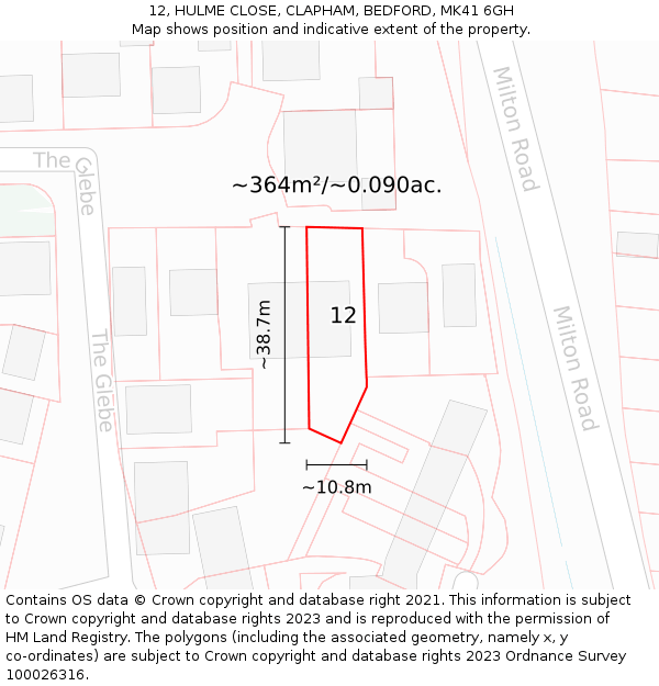 12, HULME CLOSE, CLAPHAM, BEDFORD, MK41 6GH: Plot and title map