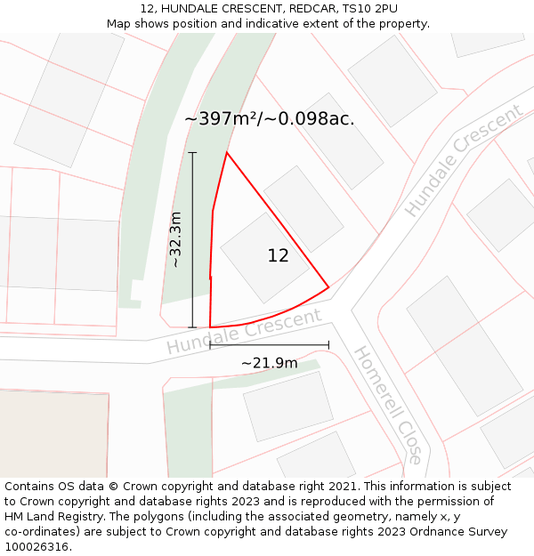 12, HUNDALE CRESCENT, REDCAR, TS10 2PU: Plot and title map