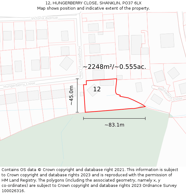12, HUNGERBERRY CLOSE, SHANKLIN, PO37 6LX: Plot and title map