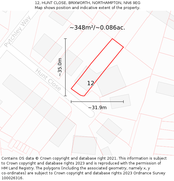 12, HUNT CLOSE, BRIXWORTH, NORTHAMPTON, NN6 9EG: Plot and title map