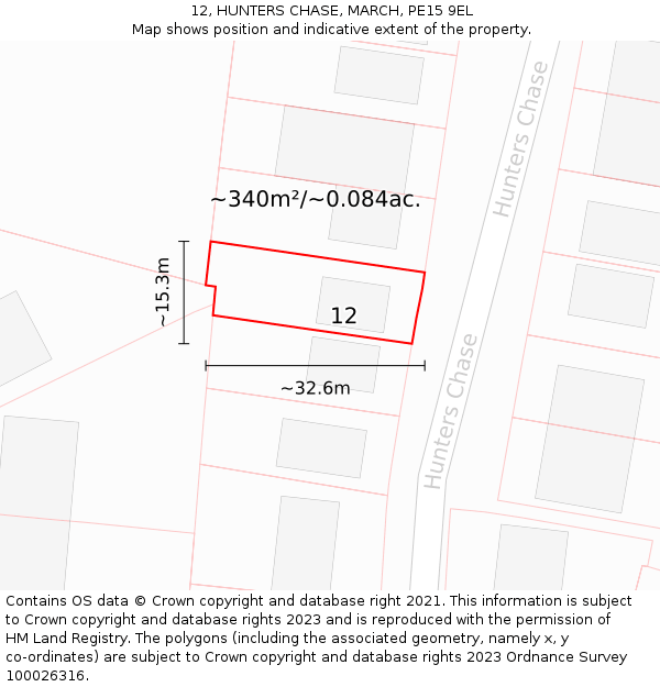 12, HUNTERS CHASE, MARCH, PE15 9EL: Plot and title map