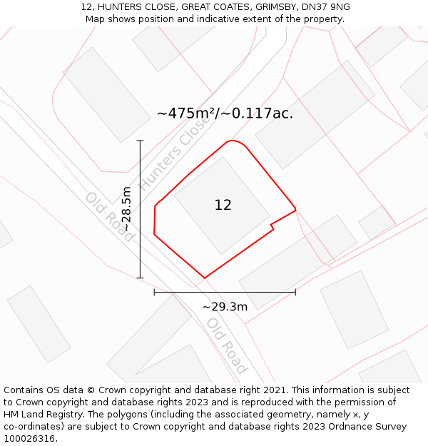 12, HUNTERS CLOSE, GREAT COATES, GRIMSBY, DN37 9NG: Plot and title map
