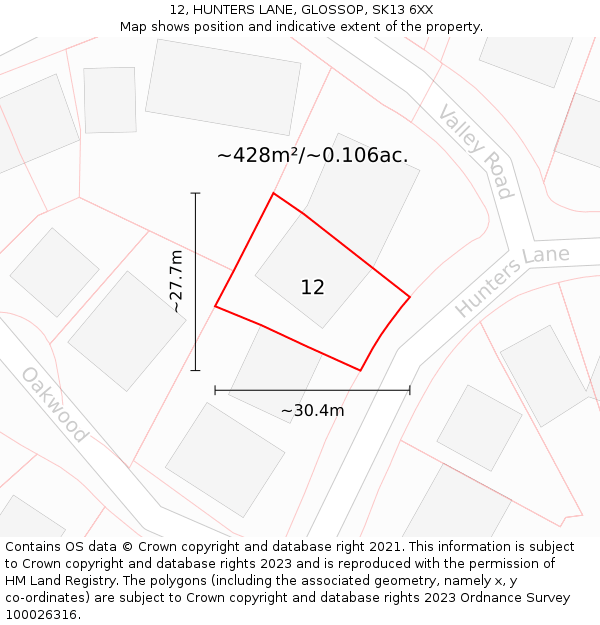 12, HUNTERS LANE, GLOSSOP, SK13 6XX: Plot and title map