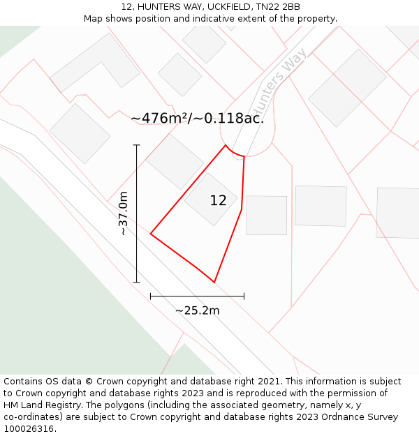 12, HUNTERS WAY, UCKFIELD, TN22 2BB: Plot and title map