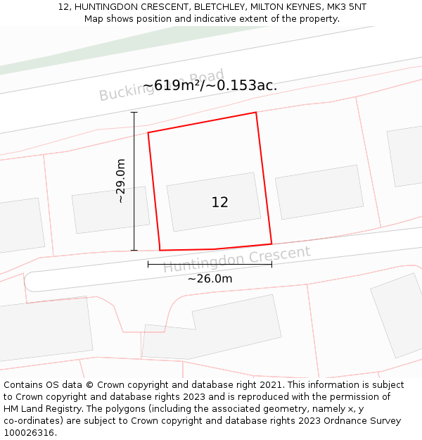 12, HUNTINGDON CRESCENT, BLETCHLEY, MILTON KEYNES, MK3 5NT: Plot and title map