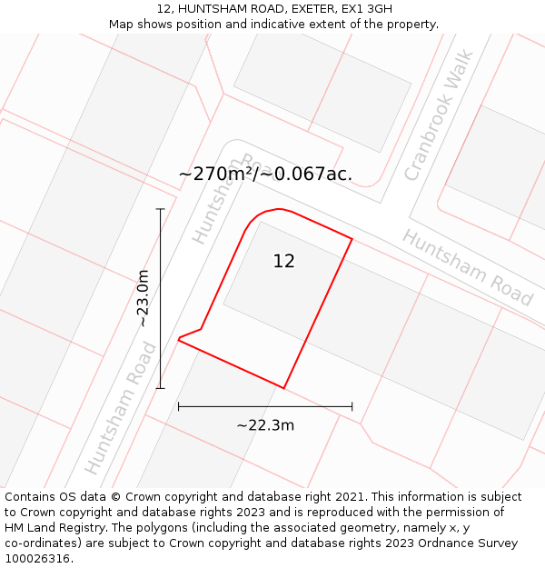 12, HUNTSHAM ROAD, EXETER, EX1 3GH: Plot and title map