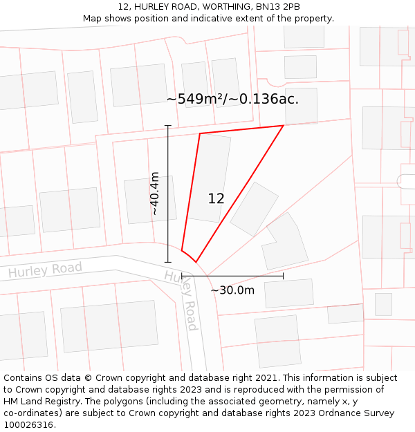 12, HURLEY ROAD, WORTHING, BN13 2PB: Plot and title map
