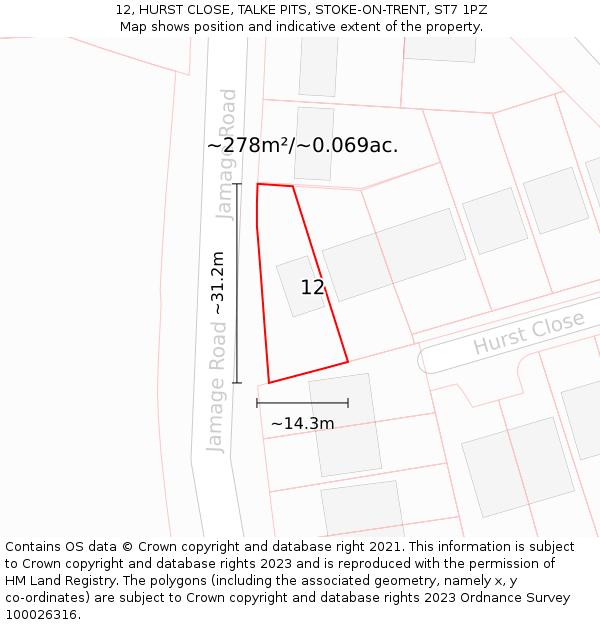 12, HURST CLOSE, TALKE PITS, STOKE-ON-TRENT, ST7 1PZ: Plot and title map