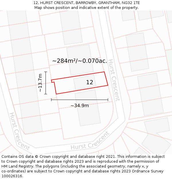 12, HURST CRESCENT, BARROWBY, GRANTHAM, NG32 1TE: Plot and title map