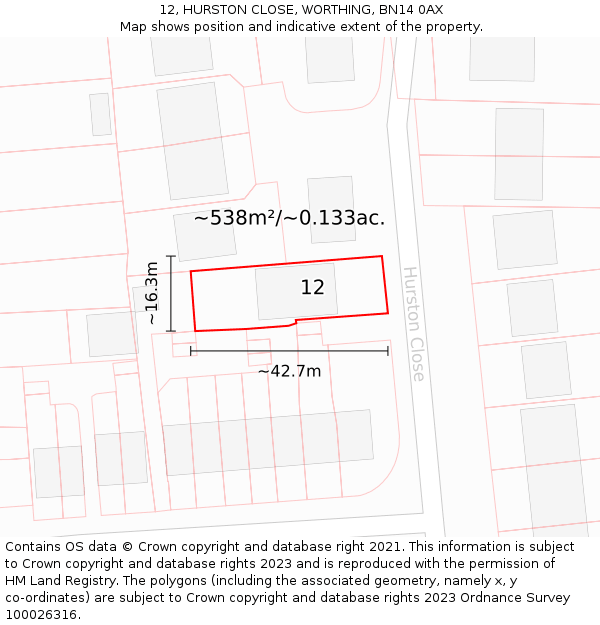 12, HURSTON CLOSE, WORTHING, BN14 0AX: Plot and title map