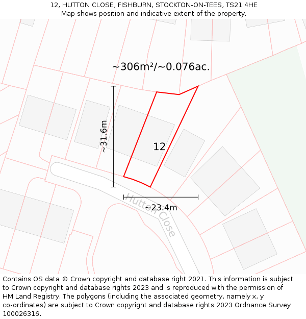12, HUTTON CLOSE, FISHBURN, STOCKTON-ON-TEES, TS21 4HE: Plot and title map
