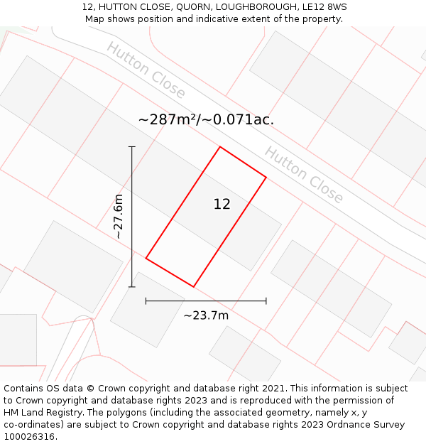12, HUTTON CLOSE, QUORN, LOUGHBOROUGH, LE12 8WS: Plot and title map