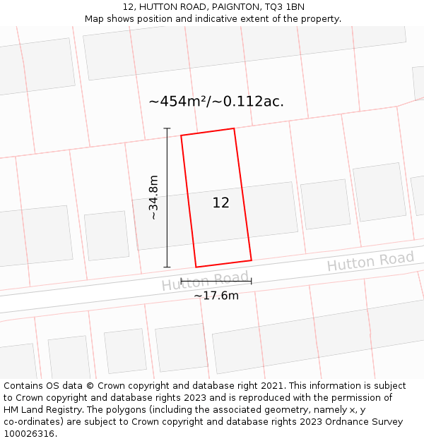 12, HUTTON ROAD, PAIGNTON, TQ3 1BN: Plot and title map