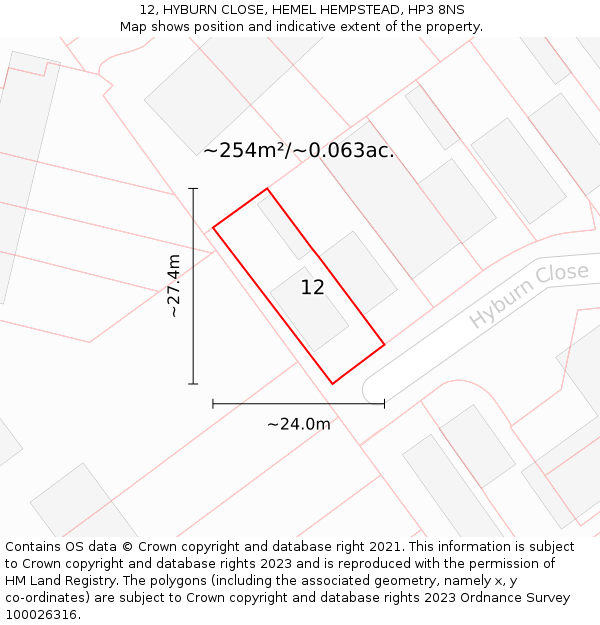 12, HYBURN CLOSE, HEMEL HEMPSTEAD, HP3 8NS: Plot and title map
