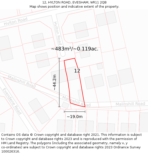 12, HYLTON ROAD, EVESHAM, WR11 2QB: Plot and title map