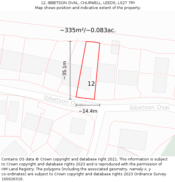12, IBBETSON OVAL, CHURWELL, LEEDS, LS27 7RY: Plot and title map